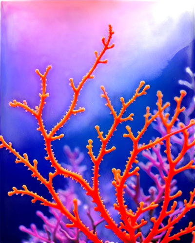 Colorful sea coral, underwater scene, vibrant orange, pink, purple hues, delicate branches, intricate details, soft focus, shallow depth of field, warm lighting, 3/4 composition, close-up shot, macro 