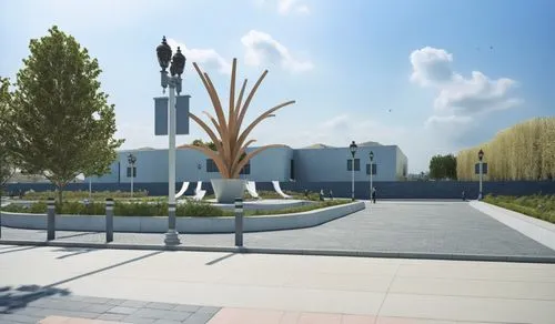 An Architectural rendering of A street with sculptural park to the right,the 3d rendering shows a huge plant growing out of a large tree,ksc,k13 submarine memorial park,baitul,saclay,school design,3d 