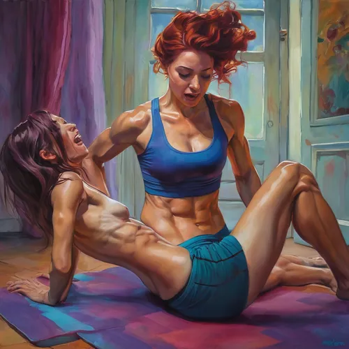 oil painting,oil painting on canvas,oil on canvas,danila bagrov,redheads,two girls,art painting,young couple,woman laying down,painting technique,delete exercise,painting,personal trainer,the girl's face,pair of dumbbells,muscle woman,meticulous painting,painting work,woman sitting,woman on bed,Illustration,Realistic Fantasy,Realistic Fantasy 30