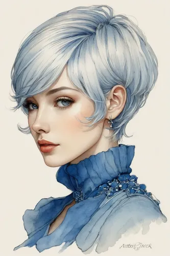 silvery blue,fantasy portrait,winterblueher,watercolor blue,bluejay,pixie-bob,violet head elf,eglantine,elsa,blanche,mazarine blue,silver blue,bluebird,azure,male elf,blue painting,white rose snow queen,blue hydrangea,pixie cut,sapphire,Illustration,Paper based,Paper Based 29