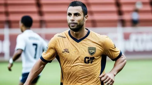 Christiano Ronaldo o liberalismo antes de tudo,soccer player in yellow uniform on field with other players,aboutrika,belhadj,ashour,romao,simao,marquinhos