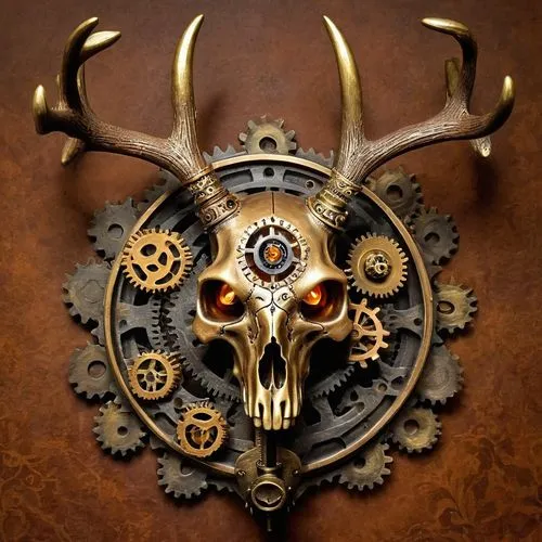 steampunk gears,tock,cuckoo clock,head plate,ship's wheel,horology,steampunk,boho skull,wall clock,skull sculpture,antiquorum,zodiac,skull with crown,taurus,clockworks,cog,skeleton key,cuckoo clocks,cervus,clockwork,Illustration,Realistic Fantasy,Realistic Fantasy 13