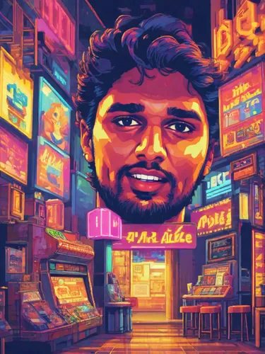 Create a painting type animated version of this picture,sachin tendulkar,hyderabad,shopkeeper,jaya,chennai,pixel art,vj,1980s,sega genesis,thavil,1980's,80s,world digital painting,1986,pookkalam,1982,