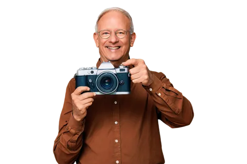 Digital camera, SLR, black body, silver lens, leather strap, photographer's hand holding grip, finger on shutter button, studio strobe light, softbox, reflector, 3/4 composition, shallow depth of fiel