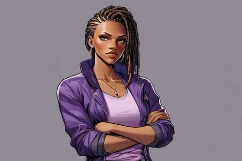 Grand Theft Auto character; Upper body; African American woman (arms crossed), light eyes, half shaved hair and half with short black dreadlocks with brown eye sockets, wearing a purple top and a blac