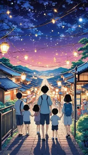 studio ghibli,yuki nagato sos brigade,walk with the children,fireflies,kyoto,lanterns,travelers,japan's three great night views,lily family,japanese umbrellas,shirakami-sanchi,family outing,japanese paper lanterns,night scene,straw hats,clear night,ginkaku-ji,dream world,summer evening,osomatsu,Illustration,Japanese style,Japanese Style 04