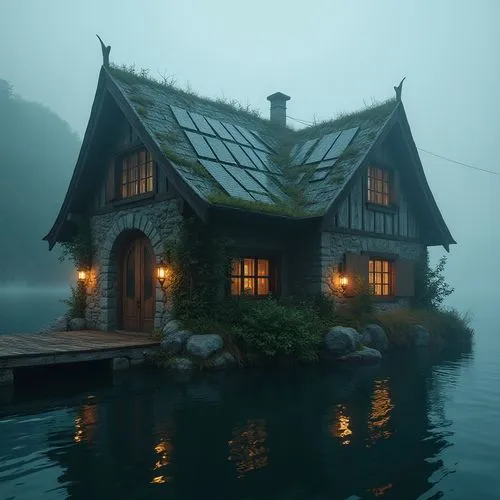 Gothic boathouse, eco-friendly architecture, sustainable materials, reclaimed wood, solar panels, green roof, vines crawling up walls, mysterious misty atmosphere, Lake Como, Italian Alps, foggy morni