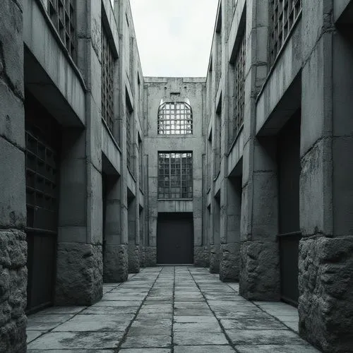 Rough concrete walls, rugged stone facades, weathered steel beams, distressed wooden accents, brutalist fortress-like structures, imposing monumental scale, dramatic shadow play, harsh geometric forms