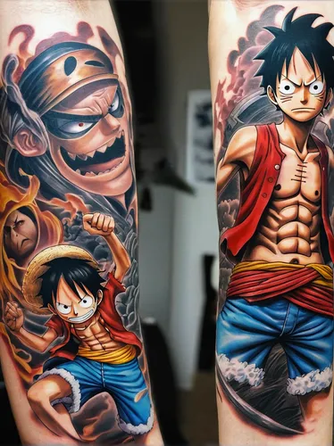 Craft an intense and powerful one piece tattoo showcasing the epic battle between Luffy and his greatest rival.,son goku,naruto,goku,dragon ball,tattoo,tattoo artist,body art,takikomi gohan,dragonball