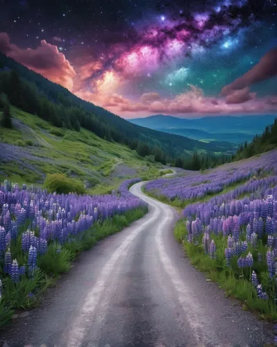 purple landscape,the mystical path,winding road,the road,fairy galaxy,road of the impossible,long road,fantasy picture,fantasy landscape,the way of nature,beautiful landscape,sea of flowers,the road to the sea,lavender fields,the way,field of flowers,landscapes beautiful,meadow rues,road,pathway,Conceptual Art,Sci-Fi,Sci-Fi 30