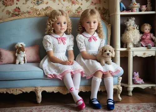 Porcelain-like skin, rosy cheeks, blue eyes, blonde curly hair, lace-trimmed socks, white dress with pink ribbon, Mary Jane shoes, sitting on a velvet couch, antique toys scattered around, vintage dol