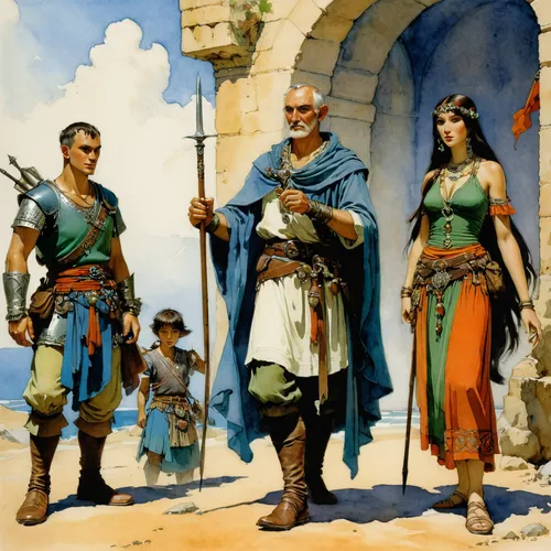 biblical narrative characters,heroic fantasy,the three magi,germanic tribes,guards of the canyon,vilgalys and moncalvo,nomads,thracian,aesulapian staff,pilgrims,pathfinders,elves,advisors,bandurria,massively multiplayer online role-playing game,magi,villagers,protectors,quarterstaff,middle ages,Illustration,Paper based,Paper Based 23