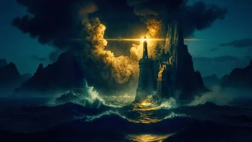 a fantasy castle surrounded by smoke and smoke on a cliff with the ocean below it,pillar of fire,mordor,orthanc,fire background,krakatoa,fantasy picture