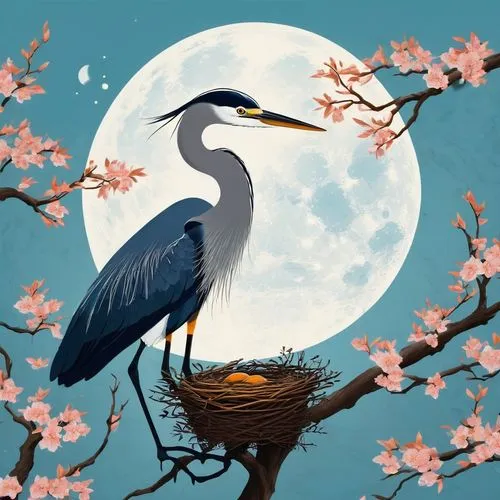 blue heron,flower and bird illustration,ardea,heron,blue birds and blossom,crane,pacific heron,cow heron,blue crane,gray heron,kawase,egretta,spoon heron,nocturnal bird,bird painting,full moon,bird illustration,night bird,spring bird,japanese art,Unique,Design,Logo Design