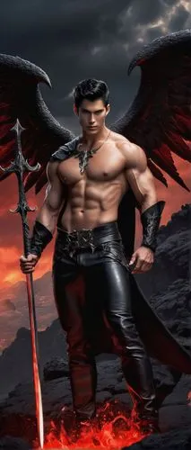 Male Lucifer, devilish handsome face, sharp facial features, piercing red eyes, black hair with subtle horns, red lips curled into a sly smile, muscular physique, bare chest, black leather wings sprou