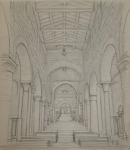 a pencil drawing of an empty church lobby,brangwyn,renderings,arcaded,borromini,union station,transept,Design Sketch,Design Sketch,Pencil