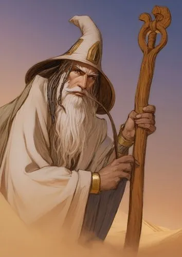 a cartoon of an old man holding a staff,vitruvius,gandalf,balkhi,mandaean,biblical narrative characters,marakkar,Illustration,Realistic Fantasy,Realistic Fantasy 03