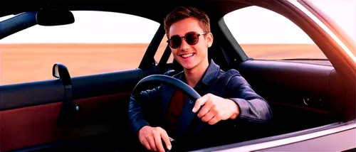 Young adult, driver, casual clothing, messy hair, sunglasses, smiling face, hands on steering wheel, relaxed posture, leather seat, sports car interior, morning sunlight, shallow depth of field, cinem