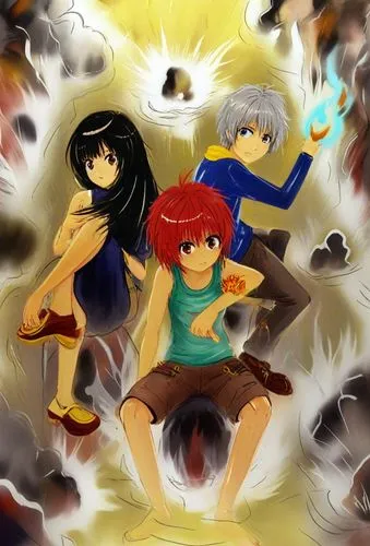 an anime group with different colored hair and body shapes,personifications,rumiko,the three magi,gurren,frisk,ranma