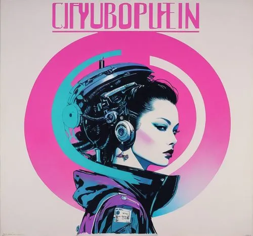 cyberpunk, vaporwave, syfy, 1990,a poster of a woman with headphones in front of a circular background,synthpop,cyberpunks,hypanthium,synth,scythopolis,cd cover,Art,Artistic Painting,Artistic Painting