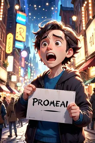 funny Pixar movie scene of a man holding a sign saying "PROMEAI", he is in the middle of a big city, he is shouting at the camera










,drexel,procyon,principal market,romaine,cg artwork,pixaba,p