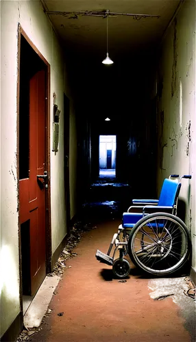 Spooky atmosphere, dark tone, horror theme, abandoned asylum, creepy corridor, flickering fluorescent lights, old wheelchair, broken medical equipment, eerie shadows, haunting portraits, worn-out wall