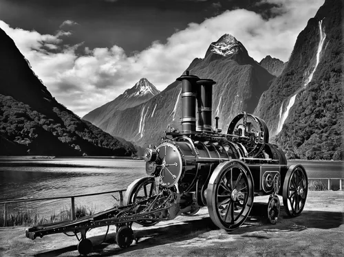 Monochrome Madness - Milford Sound,milford sound,steam engine,newzealand nzd,steam power,austro,steam car,new zealand,carriages,steam locomotive,clyde steamer,steam train,bernese oberland,south island