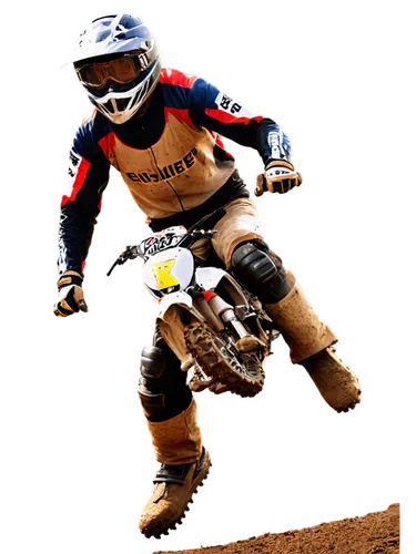 dirt bike, off-road motorcycle, rugged terrain, muddy tires, chrome exhaust pipe, sporty helmet, goggles, racing suit, knee pads, gloves, action pose, jumping mid-air, speeding, dusty trail, afternoon