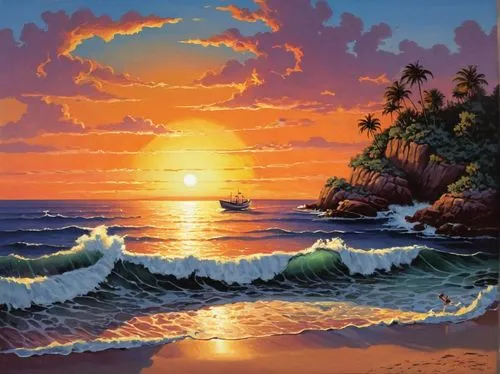 coast sunset,beach landscape,luau,sunrise beach,kauai,sunset beach,pacific,tropical sea,seascape,sea landscape,coastal landscape,ocean paradise,ocean background,maui,ocean,sun and sea,molokai,colored pencil background,aloha,painting technique,Illustration,Retro,Retro 02