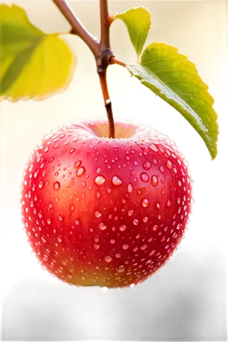 Fall apple, solo, ripe, red skin, juicy flesh, leaf stem attached, morning dew, soft sunlight, shallow depth of field, warm color tone, cinematic lighting, macro shot, close-up composition, highly det