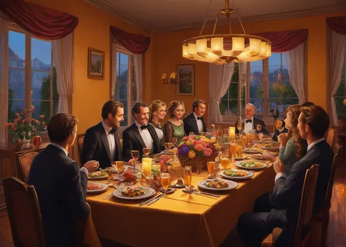 thanksgiving dinner,dinner party,family dinner,thanksgiving table,thanksgiving background,holy supper,long table,thanksgiving,dining table,last supper,dining room,exclusive banquet,dining,tablescape,christmas dinner,candle light dinner,holiday table,fine dining restaurant,viennese cuisine,happy thanksgiving,Illustration,Realistic Fantasy,Realistic Fantasy 27