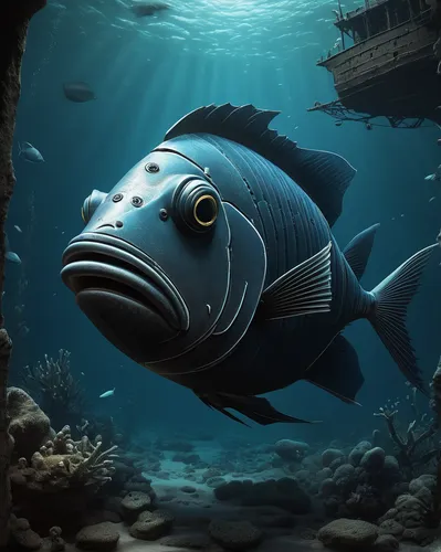 deep sea fish,coelacanth,rhino fish,blue stripe fish,thunnus,underwater fish,pallet surgeonfish,deep sea,blue fish,giant fish,forage fish,sea animal,giant seabass,deep sea nautilus,garp fish,forest fish,triggerfish,cichlid,cartilaginous fish,marine fish,Illustration,Realistic Fantasy,Realistic Fantasy 17