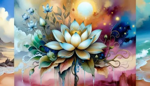 a beautiful painting of two flowered figures on a beach,flower painting,water lotus,flower background,lotus flowers,chrysanthemum background,lotuses,Illustration,Realistic Fantasy,Realistic Fantasy 01