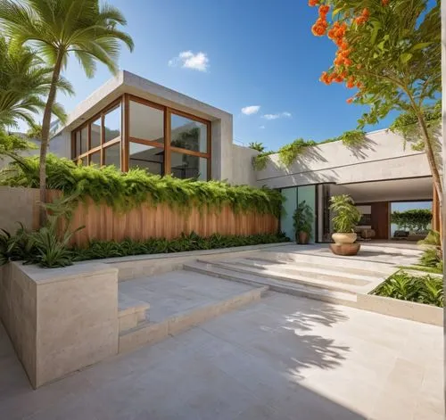 DISEÑO EXTERIOR DE UN DEL ACCESO A UNA RESIDENCIA, UBICADA EN UNA PRIVADA, CON UNA  CALLE DE CONCRETO ESTAMPADO, LA BARDA CON JARDINERA DE FORMIO, PLANTAS Y FLORES COLGANDO DE LA BARDA, PORTON DE ACCE