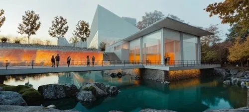 futuristic art museum,water cube,mirror house,glass facade,aqua studio,bjarke