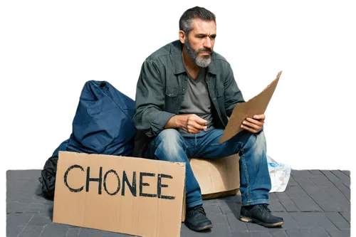 homeless person, middle-aged man, worn-out clothes, messy beard, tired eyes, sitting on sidewalk, begging for money, holding cardboard sign, urban background, gritty texture, realistic shading, low-an