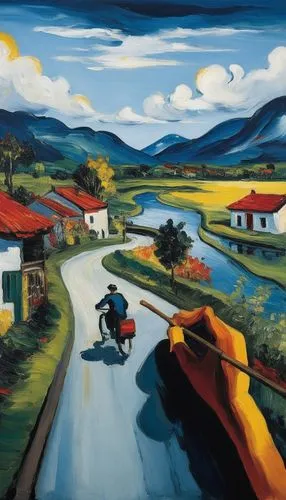 a painting of a person on a motorcycle on a street,david bates,carretera,mostovoy,bluemner,burchfield,rural landscape,Art,Artistic Painting,Artistic Painting 37