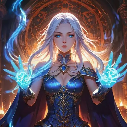 blue enchantress,fantasy portrait,sorceress,winterblueher,fire background,elsa,aurora,mezzelune,libra,eufiliya,zodiac sign libra,luna,flame spirit,fire siren,fire angel,elza,azure,dragon li,priestess,fiery,Illustration,Japanese style,Japanese Style 03