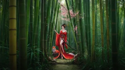 bamboo forest,geisha girl,geisha,hawaii bamboo,bamboo,bamboo flute,oriental princess,bamboo curtain,bamboo frame,bamboo plants,photomanipulation,mulan,photo manipulation,japanese woman,girl in a long dress,taiwanese opera,conceptual photography,oriental girl,japanese art,asian vision