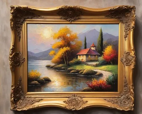 fall picture frame,round autumn frame,autumn frame,autumn landscape,autumn decoration,fall landscape,church painting,frederic church,autumn decor,copper frame,seasonal autumn decoration,home landscape,autumn background,autumn idyll,painting technique,robert duncanson,framed paper,decorative frame,house with lake,wood frame,Illustration,Japanese style,Japanese Style 09