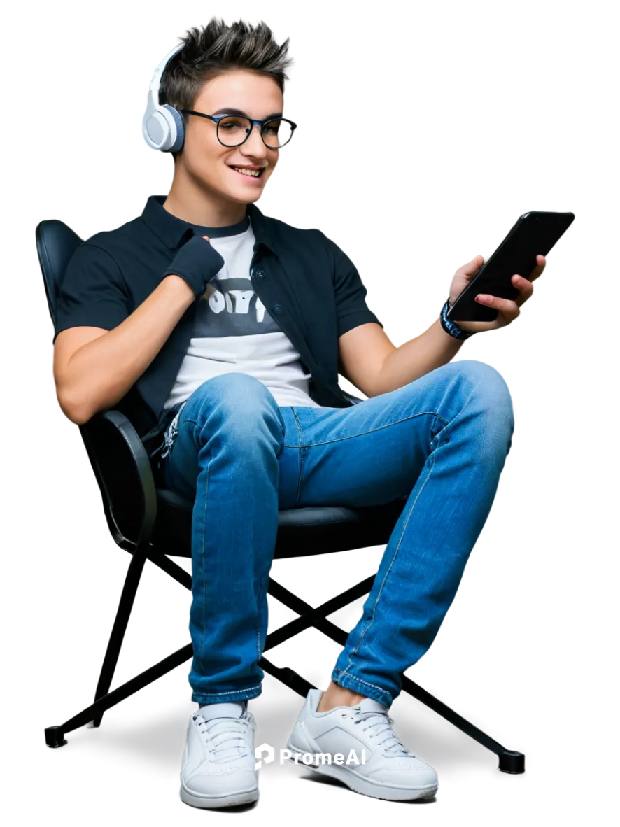 Gamer boy, young adult, energetic facial expression, short spiky hair, gaming headset, trendy glasses, casual wear, graphic t-shirt, ripped jeans, sneakers, holding controller, sitting on gaming chair