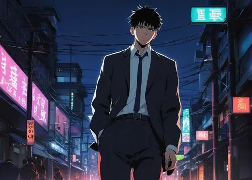 dark suit,a black man on a suit,tall man,black suit,yukio,shibuya,detective,walking man,black city,standing man,suits,navy suit,suit,anime japanese clothing,overcoat,shibuya crossing,main character,businessman,shinjuku,black coat,Illustration,Vector,Vector 08