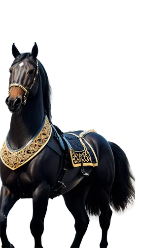 Golden horse, majestic posture, ornate harness, shiny black carriage, intricate wood carvings, royal crest emblem, soft golden lighting, 3/4 composition, low-angle shot, detailed textures, luxurious a