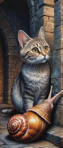 Medieval themed, fantasy creature, snail shell, cat ears, whiskers, fur texture, soft belly, claws, sitting on stone floor, dimly lit, torchlight, ancient castle, mysterious atmosphere, foggy backgrou