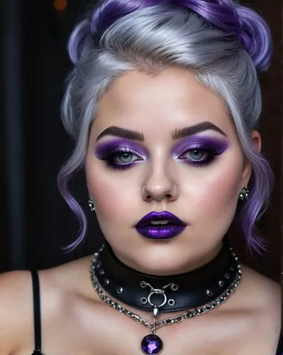 double chin .nerdy. Cute photorealist curvy. 21 years girl, gothic, piercings in her face, dark make up, silver hair, black lipstick. iridescent purple eyes, leather studded necklace,dark purple,purpl