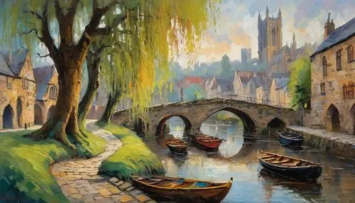 boat landscape,seine,bayeux,city moat,burford,notredame,york,narrowboats,dubbeldam,row boats,pensford,oxford,cambridge,canterbury,terbrugge,bibury,ely,world digital painting,gondolas,loire,Conceptual Art,Oil color,Oil Color 20