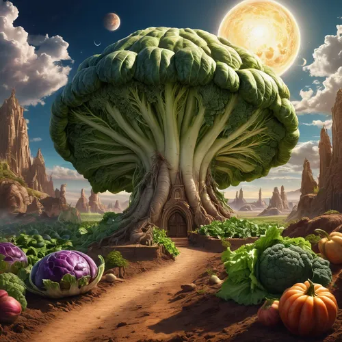 vegetables landscape,mushroom landscape,mushroom island,vegetable field,broccoli,cornucopia,cabbage,kohlrabi,pak-choi,veggie,daikon,fantasy landscape,fantasy picture,brassica,green dragon vegetable,world digital painting,bitter gourd,vegetable,cartoon video game background,earth fruit,Conceptual Art,Fantasy,Fantasy 27