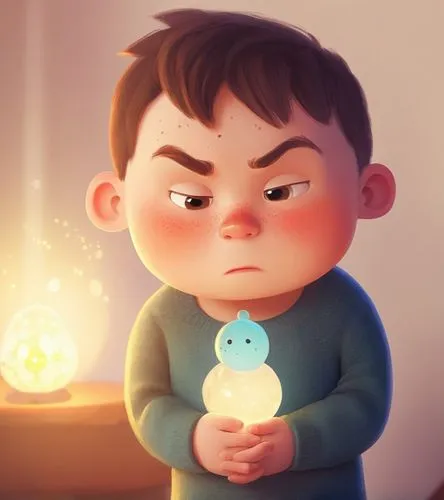 腹部疼痛的小男孩, 簡單,a  with a glowing toy in his hand,burning candle,cute cartoon character,candle,pengfei,edmund,baozi,Illustration,Children,Children 06