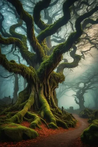 crooked forest,the roots of trees,celtic tree,magic tree,elven forest,forest tree,fairytale forest,enchanted forest,oak tree,tree and roots,fairy forest,dragon tree,tree of life,forest floor,old gnarled oak,old tree,tree moss,the branches of the tree,old-growth forest,foggy forest,Art,Artistic Painting,Artistic Painting 03