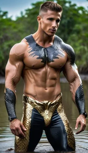 A gorgeous 30 years old Apollo with great powerful muscles sits in the swamp with full of uncountable anacondas, his body is partially covered by mud. Snakes wrapped in his legs, arms and all his body